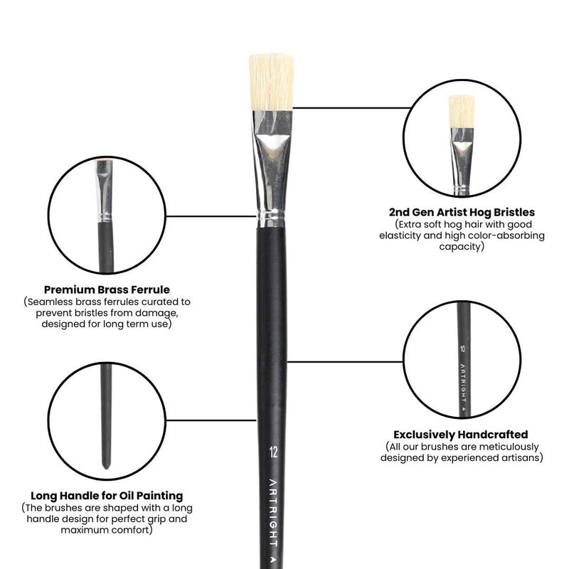 ArtRight Flat Paintbrush Set 8pcs, Professional Hog Hair Brushes, Long Handle Brushes with Natural Hog Hair, Ideal for Oil, Mixed Media Painting, Wooden Handle, Synthetic Bristle, Color May Vary - Image 4