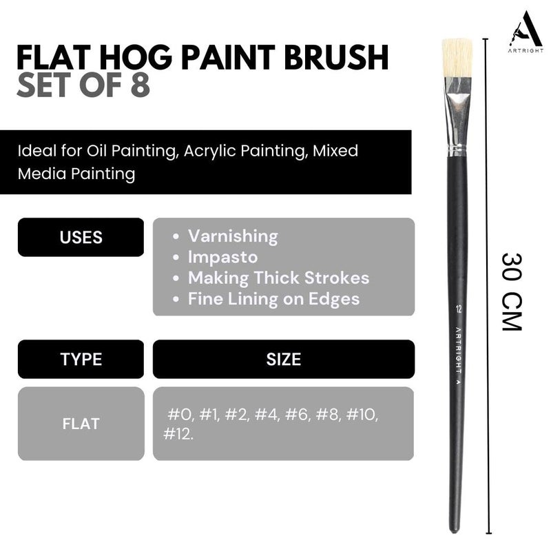 ArtRight Flat Paintbrush Set 8pcs, Professional Hog Hair Brushes, Long Handle Brushes with Natural Hog Hair, Ideal for Oil, Mixed Media Painting, Wooden Handle, Synthetic Bristle, Color May Vary - Image 2