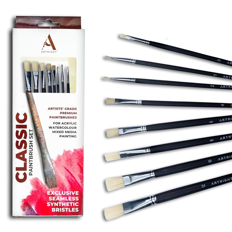 ArtRight Flat Paintbrush Set 8pcs, Professional Hog Hair Brushes, Long Handle Brushes with Natural Hog Hair, Ideal for Oil, Mixed Media Painting, Wooden Handle, Synthetic Bristle, Color May Vary - Image 5
