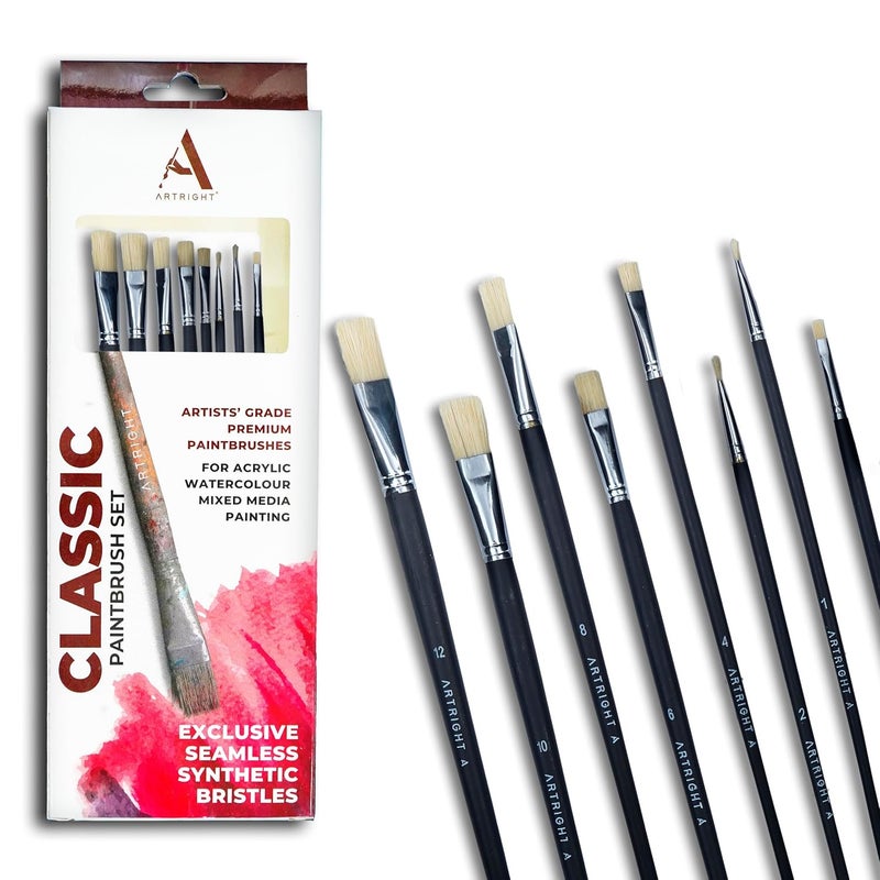 ArtRight Flat Paintbrush Set 8pcs, Professional Hog Hair Brushes, Long Handle Brushes with Natural Hog Hair, Ideal for Oil, Mixed Media Painting, Wooden Handle, Synthetic Bristle, Color May Vary - Image 1