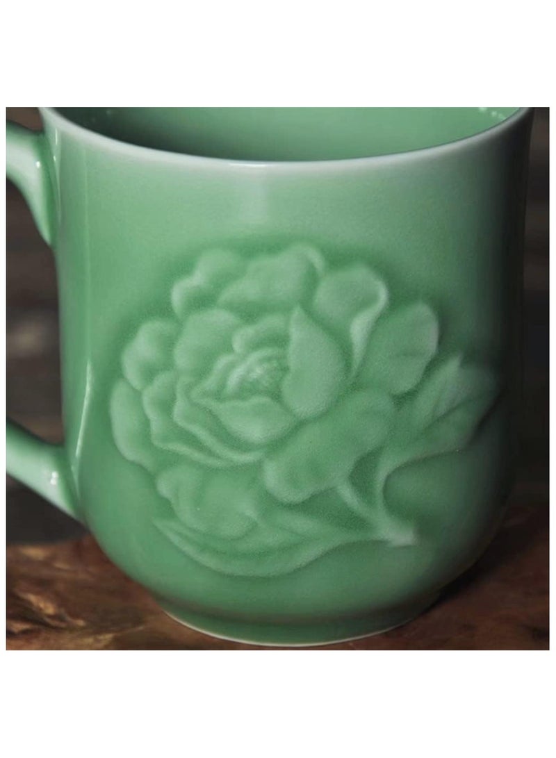 Teacups 13oz Coffee Mugs with Lid Porcelain Cups Embossed with Peony Chinese Celadon(01-Green)  - Image 3