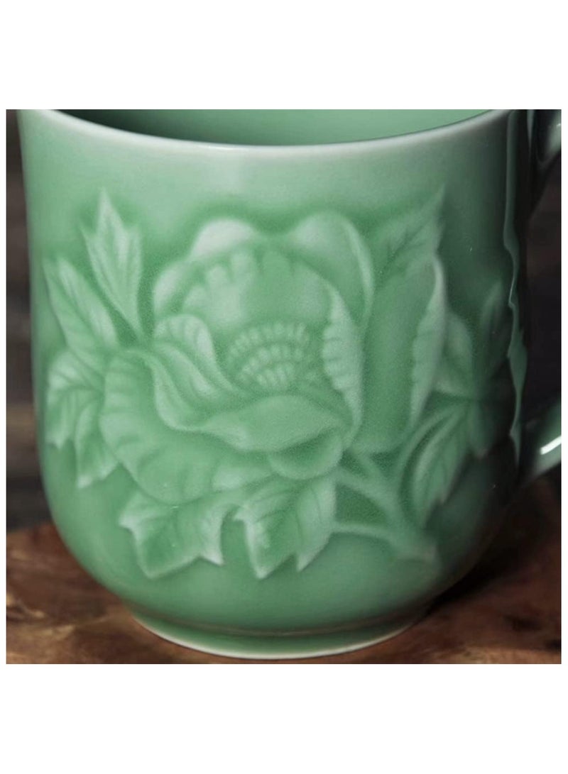 Teacups 13oz Coffee Mugs with Lid Porcelain Cups Embossed with Peony Chinese Celadon(01-Green)  - Image 4