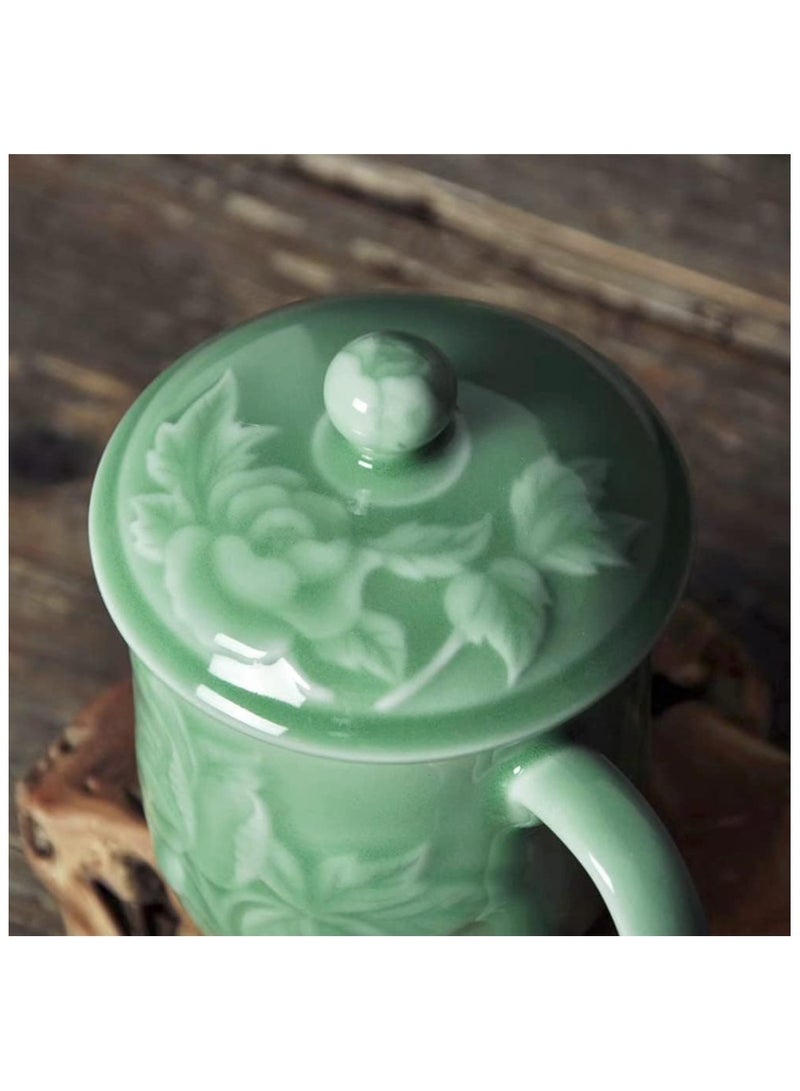 Teacups 13oz Coffee Mugs with Lid Porcelain Cups Embossed with Peony Chinese Celadon(01-Green)  - Image 5