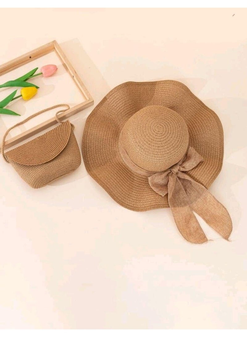 SHEIN 2pcs Women's Khaki Wave & Bowknot Decor Beach Sun Hat And Crossbody Woven Bag Set - Image 2