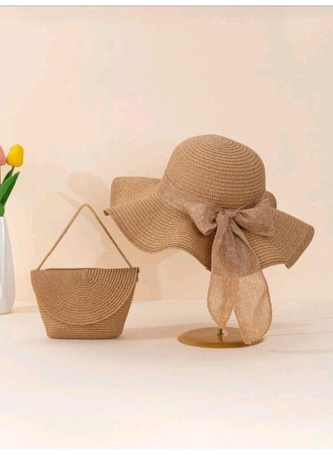 SHEIN 2pcs Women's Khaki Wave & Bowknot Decor Beach Sun Hat And Crossbody Woven Bag Set