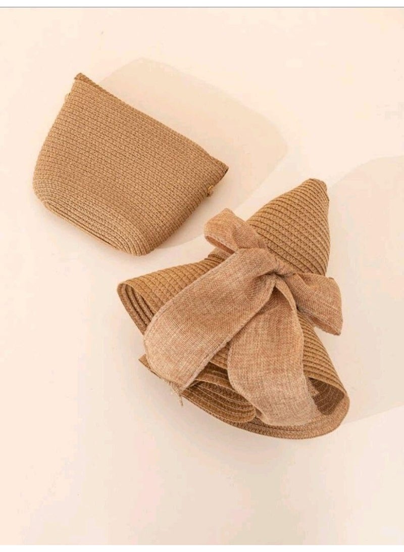 SHEIN 2pcs Women's Khaki Wave & Bowknot Decor Beach Sun Hat And Crossbody Woven Bag Set - Image 4