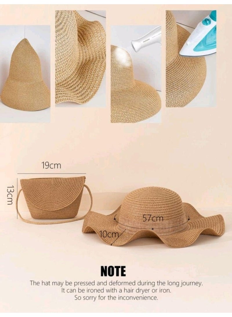 SHEIN 2pcs Women's Khaki Wave & Bowknot Decor Beach Sun Hat And Crossbody Woven Bag Set - Image 5