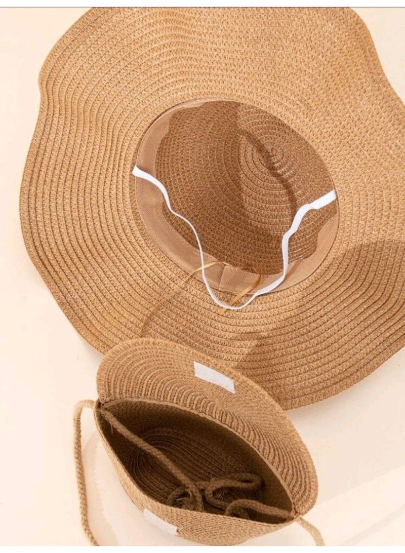 SHEIN 2pcs Women's Khaki Wave & Bowknot Decor Beach Sun Hat And Crossbody Woven Bag Set - Image 3