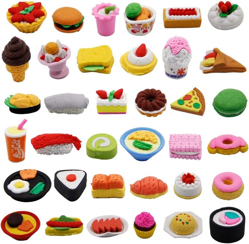 Cllayees 72 Pcs Assorted Food Pencil Erasers Toy Set, Cake Dessert Fruit Puzzle Erasers Toys for Kids Reward Party Favors (Food) - Image 1
