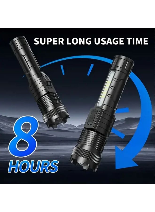 Ac 2pc Black LED Ultra Bright Flashlight With Side Lights Adjustable Focus USB Charging - Image 2