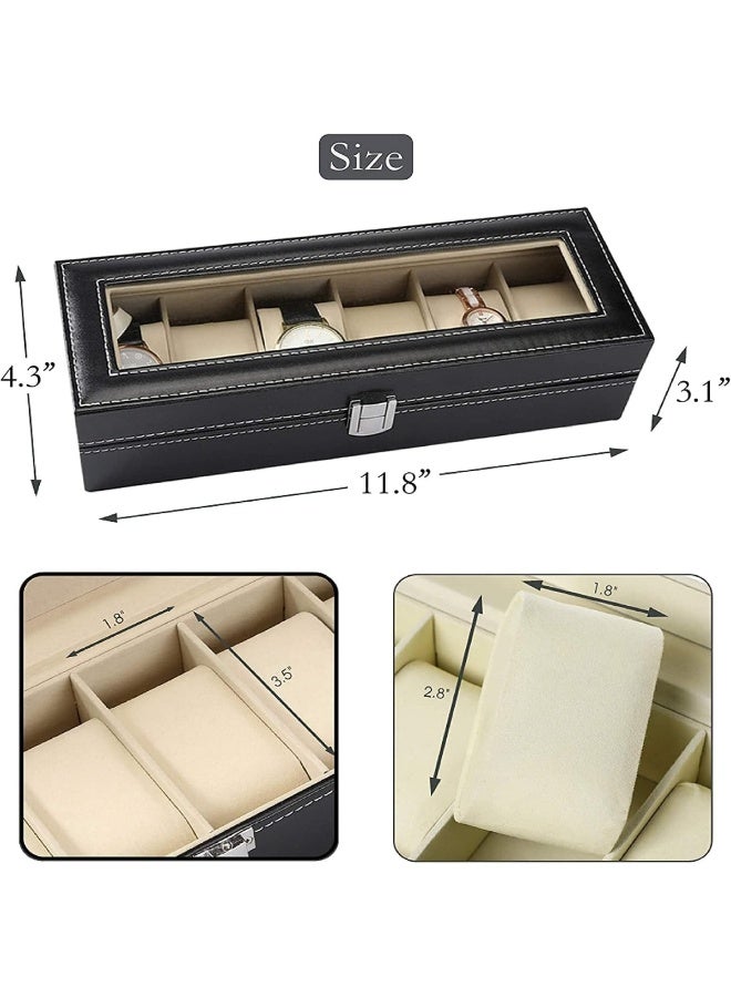 6-Slot Black Watch Box with Glass Top Organizer Display Case - Image 2