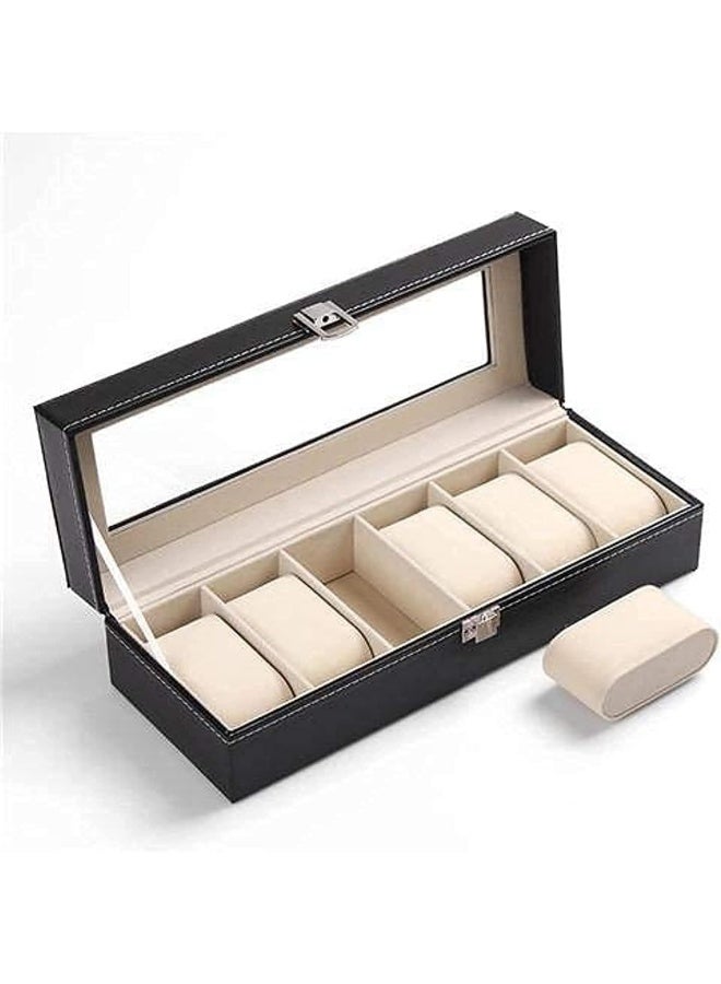 6-Slot Black Watch Box with Glass Top Organizer Display Case - Image 1