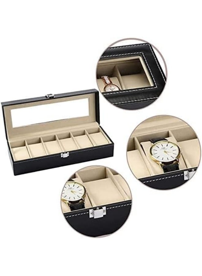 6-Slot Black Watch Box with Glass Top Organizer Display Case - Image 4