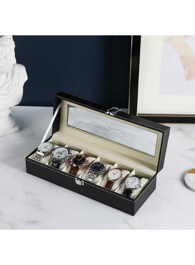6-Slot Black Watch Box with Glass Top Organizer Display Case - Image 3