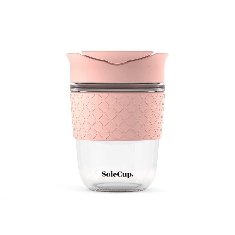 SoleCup  Reusable Strengthened Glass Travel Cup  Spill Proof Insulated Coffee Mug  12oz340ml BPAFree Hot Drink Travel Mug with Lid  Silicone Band Pink 12oz