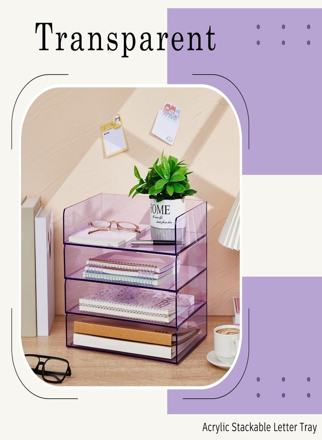 Harloon 4 Tier Acrylic Paper Tray 12.4 x 8.7 x 2.7 Inches Stackable Letter Clear Organizer No Need to Assemble Acrylic Paper File Organizer for Office Workspace Desktop Storage (Transparent Purple) - Image 5