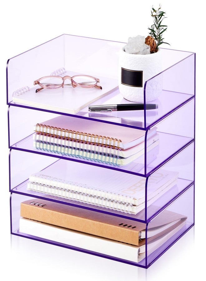 Harloon 4 Tier Acrylic Paper Tray 12.4 x 8.7 x 2.7 Inches Stackable Letter Clear Organizer No Need to Assemble Acrylic Paper File Organizer for Office Workspace Desktop Storage (Transparent Purple) - Image 1