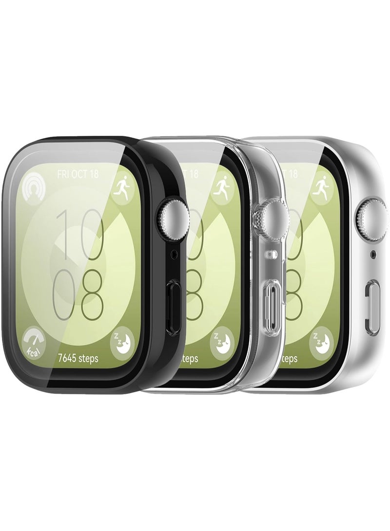 HablTech 3 Pcs Protective Case Suitable for Huawei Watch Fit 3 Case Hard PC Case with Tempered Glass Screen Protectors Full Protective Cover(Black+Clear+Silver) - Image 1