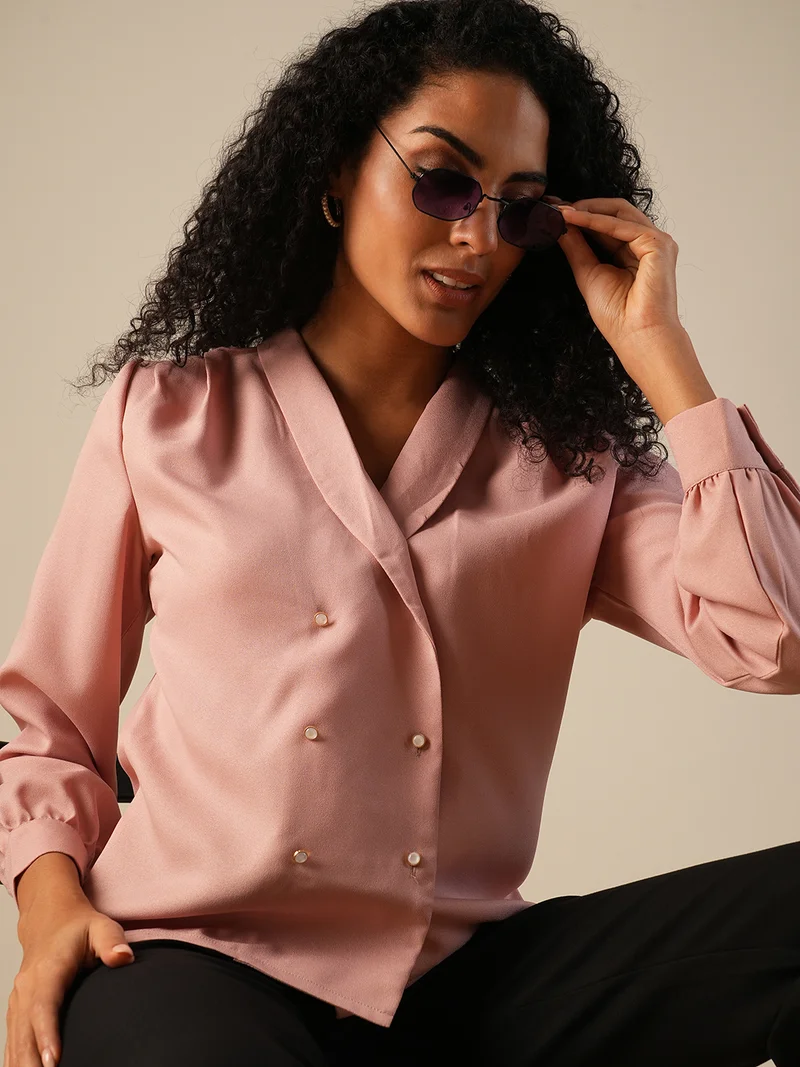 globus Women Shawl Lapel Cuffed Sleeves Double Breasted Workwear Blazer Shirt