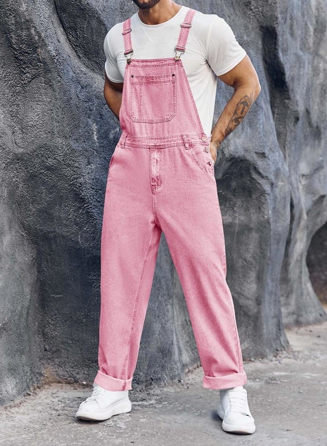 Runcati Men's Denim Bib Overalls Jeans Fashion Boot Cut Trousers Casual Slim Fit Adjustable Straps Jumpsuit, Pink, XL - Image 3