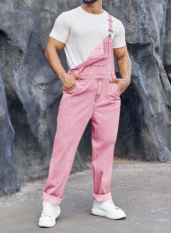 Runcati Men's Denim Bib Overalls Jeans Fashion Boot Cut Trousers Casual Slim Fit Adjustable Straps Jumpsuit, Pink, XL - Image 2