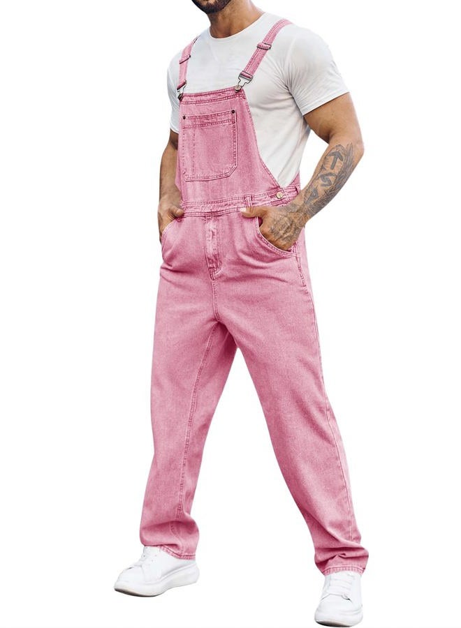 Runcati Men's Denim Bib Overalls Jeans Fashion Boot Cut Trousers Casual Slim Fit Adjustable Straps Jumpsuit, Pink, XL - Image 1