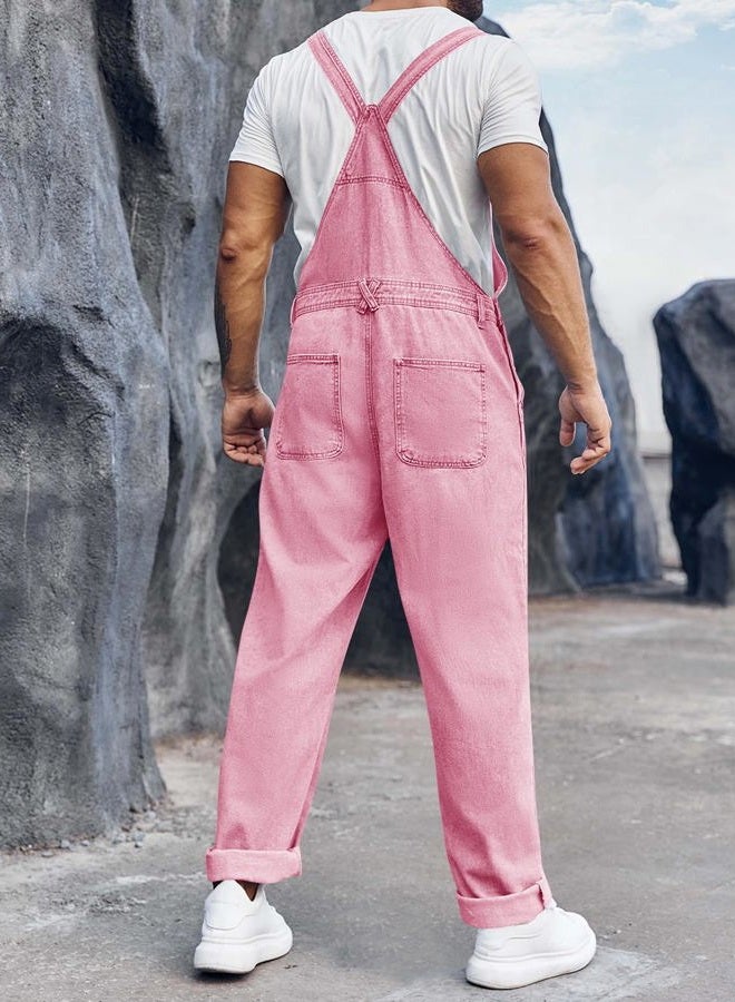 Runcati Men's Denim Bib Overalls Jeans Fashion Boot Cut Trousers Casual Slim Fit Adjustable Straps Jumpsuit, Pink, XL - Image 5