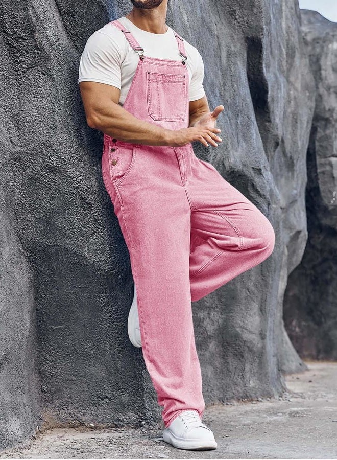 Runcati Men's Denim Bib Overalls Jeans Fashion Boot Cut Trousers Casual Slim Fit Adjustable Straps Jumpsuit, Pink, XL - Image 4