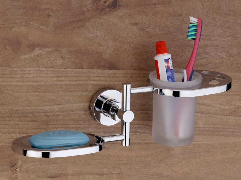 GRIVAN Wall Mount SS Toothbrush Holder with Soap Dish, Tumbler Stand soap and Brush Holder for Bathroom, Bathroom Accessories and Fittings SS304 - Image 1