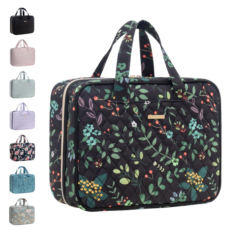 Everfun Hanging Toiletry Bag for Travel, 12x9x4.5 inch Large Capacity Cosmetic Organizer with Leakproof Wet/Dry Compartment, Waterproof Dopp Kit Toiletries Bag for Women Black Leaves - Image 1