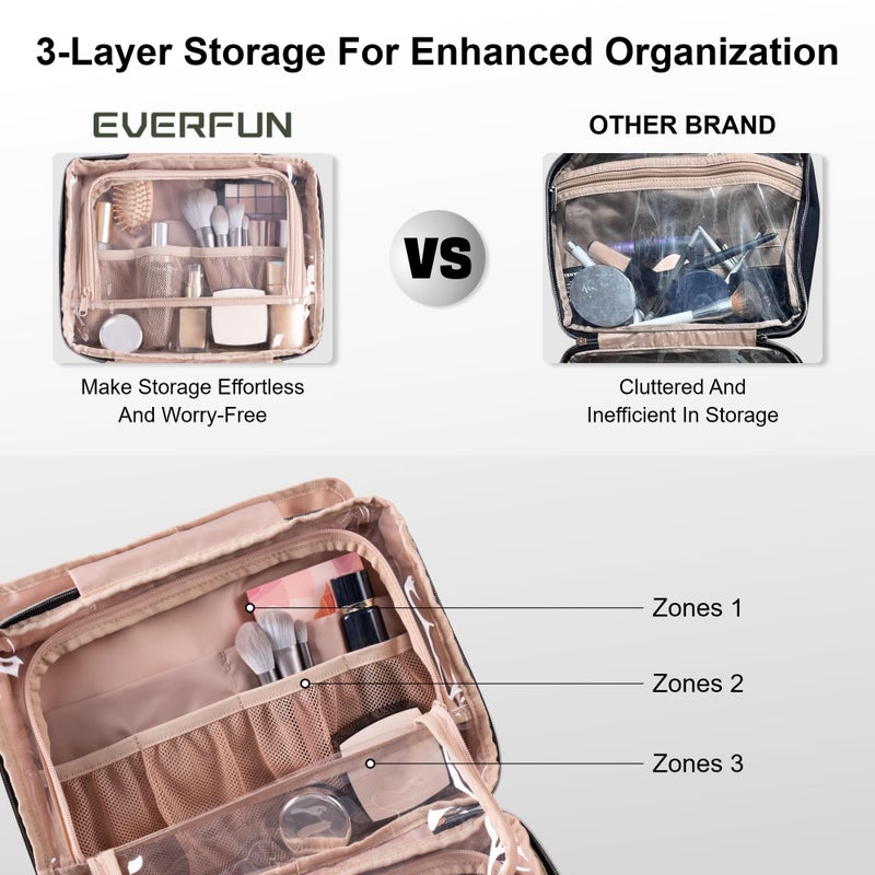 Everfun Hanging Toiletry Bag for Travel, 12x9x4.5 inch Large Capacity Cosmetic Organizer with Leakproof Wet/Dry Compartment, Waterproof Dopp Kit Toiletries Bag for Women Black Leaves - Image 3