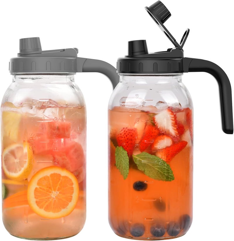 Hoofess 2-Pack 64oz Glass Mason Jar Pitchers with Wide Mouth & Measurement Marks – Leak-Proof Twist Lids for Cold Brew, Iced Tea, Juice, Lemonade - Image 1