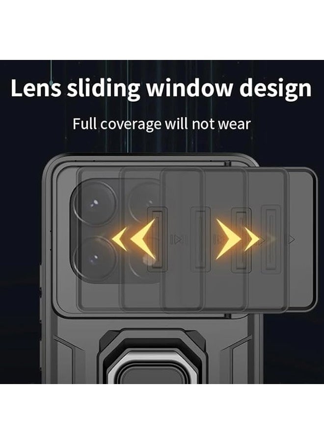 Generic - Xiaomi Poco F6 Pro 5G Case, Shockproof Cases, Anti-Fall Drop Protection, Built-in Slide Anti-Scratch Camera Lens Cover, Integrated 360 Degree Rotating Ring Kickstand, Black - Image 1