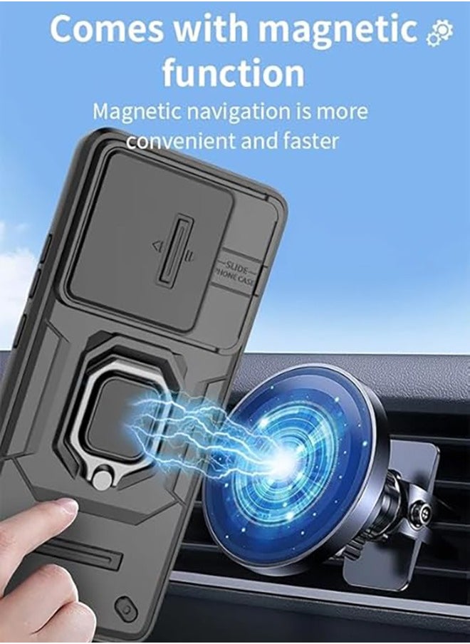 Generic - Xiaomi Poco F6 Pro 5G Case, Shockproof Cases, Anti-Fall Drop Protection, Built-in Slide Anti-Scratch Camera Lens Cover, Integrated 360 Degree Rotating Ring Kickstand, Black - Image 1
