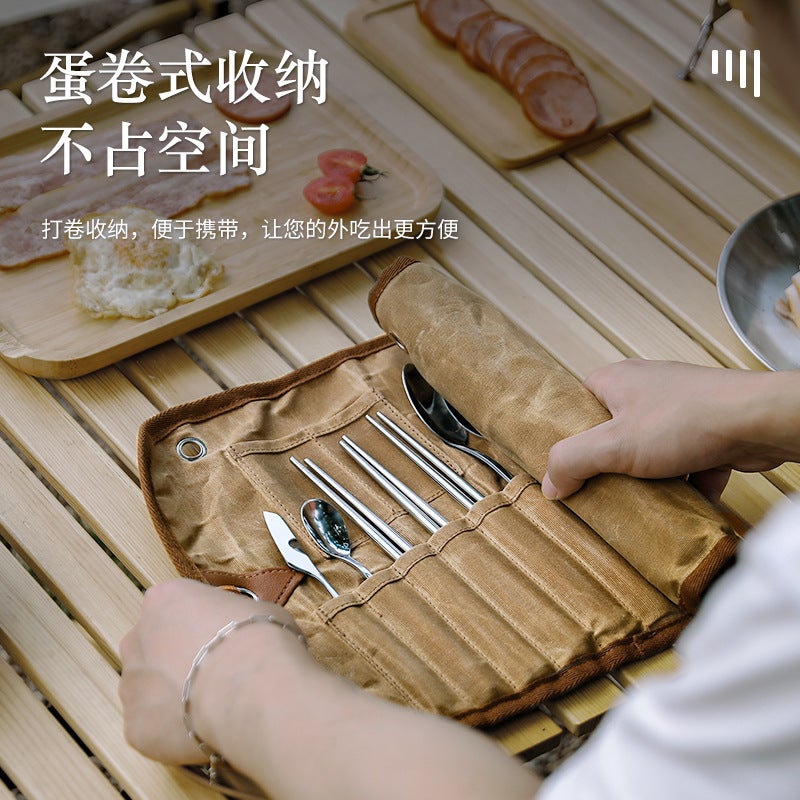 Outdoor Tableware Storage Bag For 3 People Tableware Set Storage Bag Stainless Steel Spoon Chopsticks Fork Waxed Canvas - Image 5