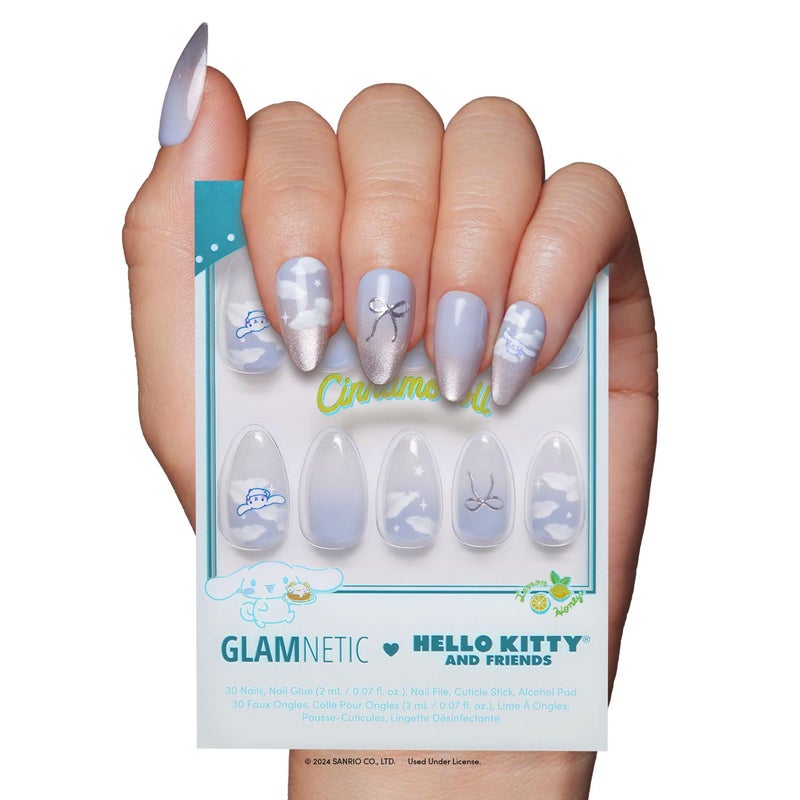 Glamnetic x Hello KittyÂ® and Friends Press On Nails - Cinnamorollâ„¢ Cloud | Pale Blue 3D Cloud Graphic Fake Nails in a Velvet Finish | 15 Sizes - 30 Nail Kit with Glue - Image 1