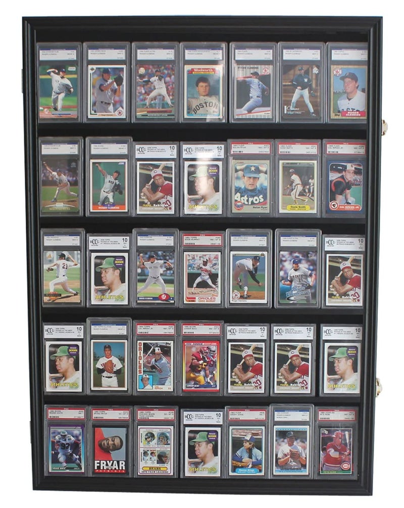 DisplayGifts Pro UV 35 Display Case  Holds 55 Graded Sport Cards with UV Protection Clear View Lockable Wall Cabinet for Baseball Football Basketball Hockey Comic Trading Cards  Black 