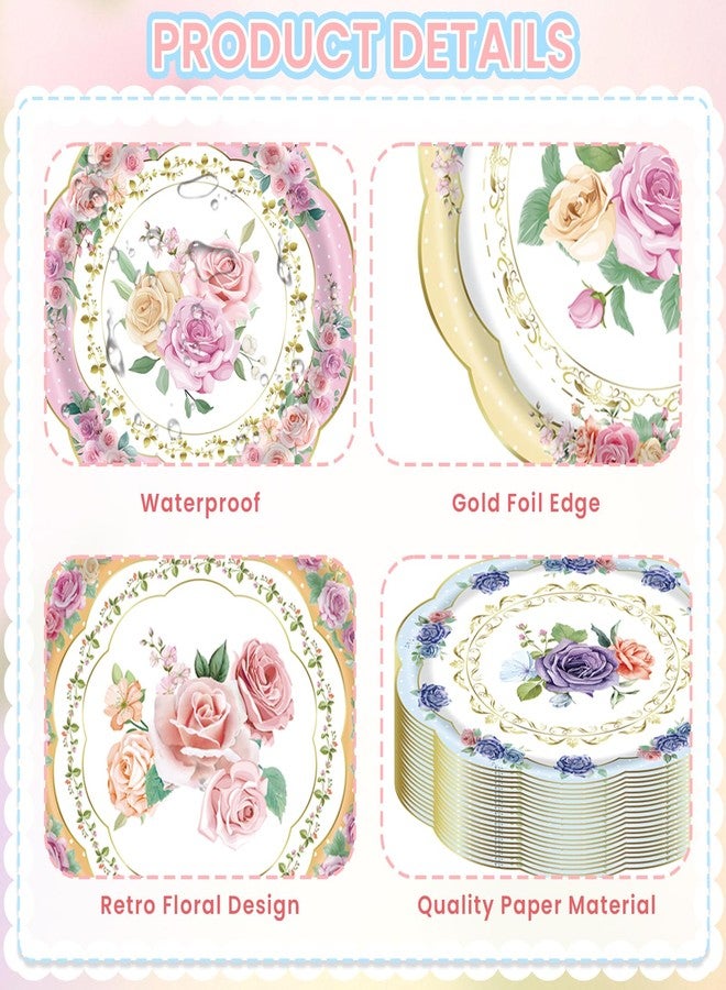 HiEnjoin 48PCS Floral Paper Plates, 7 Inch Disposable Tea Party Plates for Garden Party Supplies, Spring Flower Plates for Baby Shower, Bridal Shower, Birthday, Wedding Decorations - Image 3