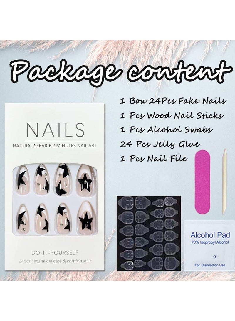 SOLARAE 24 Pcs Star Press on Nails Medium French Tip Fake Nails Almond Shape Acrylic Nails with Rhinestones Designs Full Cover White Nail Tips False Nails Artificial Glossy Glue on Nails - Image 4