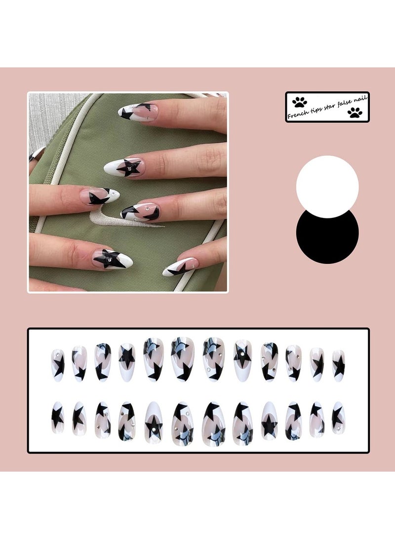 SOLARAE 24 Pcs Star Press on Nails Medium French Tip Fake Nails Almond Shape Acrylic Nails with Rhinestones Designs Full Cover White Nail Tips False Nails Artificial Glossy Glue on Nails - Image 2