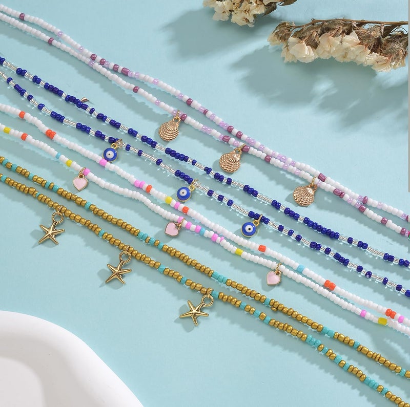Tornito 8Pcs 31.5 Inches African Waist Bead Chain Elastic Belly Beads Butterfly Starfish Blue Evil Eye Flower Shell Layered Body Chain Colorful Jewelry Accessories for Women (E:8Pcs(Ocean)) - Image 3