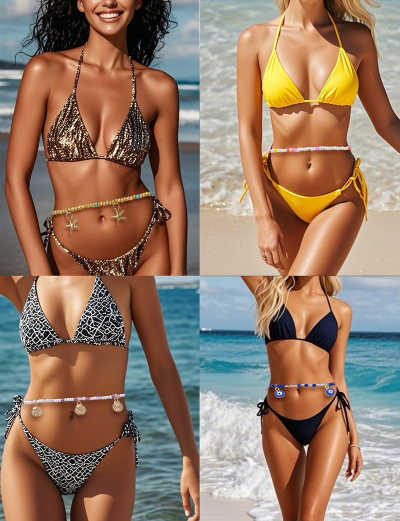 Tornito 8Pcs 31.5 Inches African Waist Bead Chain Elastic Belly Beads Butterfly Starfish Blue Evil Eye Flower Shell Layered Body Chain Colorful Jewelry Accessories for Women (E:8Pcs(Ocean)) - Image 4