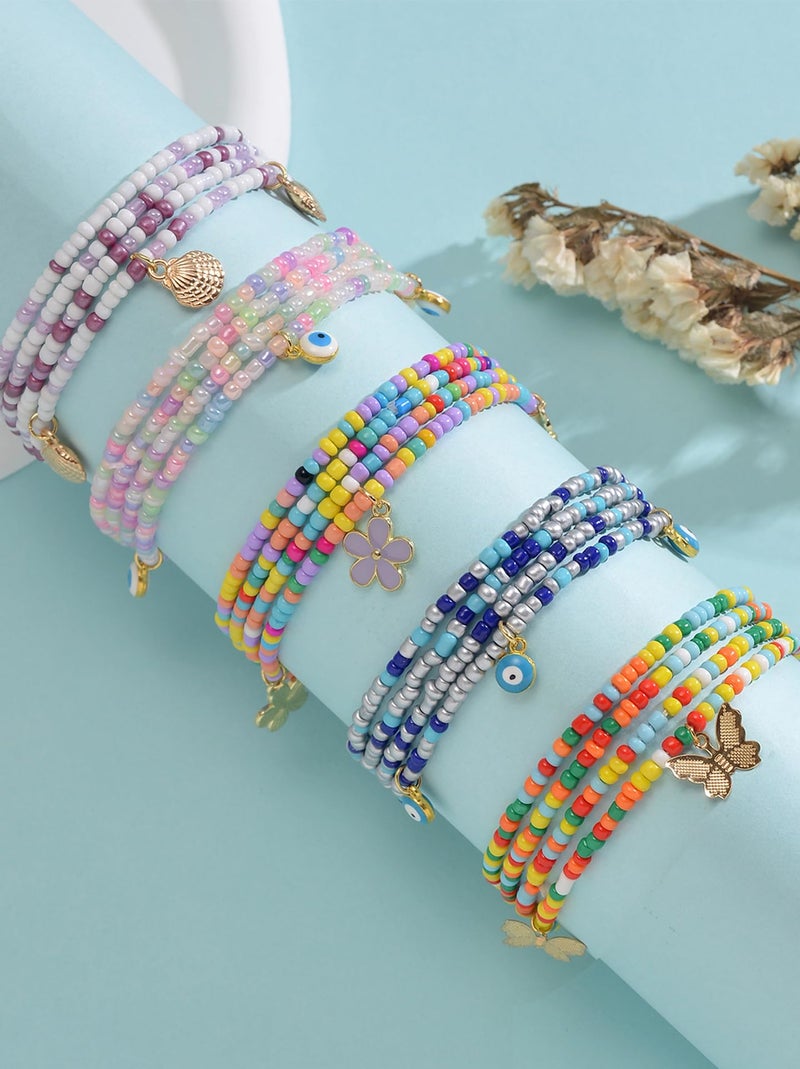 Tornito 8Pcs 31.5 Inches African Waist Bead Chain Elastic Belly Beads Butterfly Starfish Blue Evil Eye Flower Shell Layered Body Chain Colorful Jewelry Accessories for Women (E:8Pcs(Ocean)) - Image 2