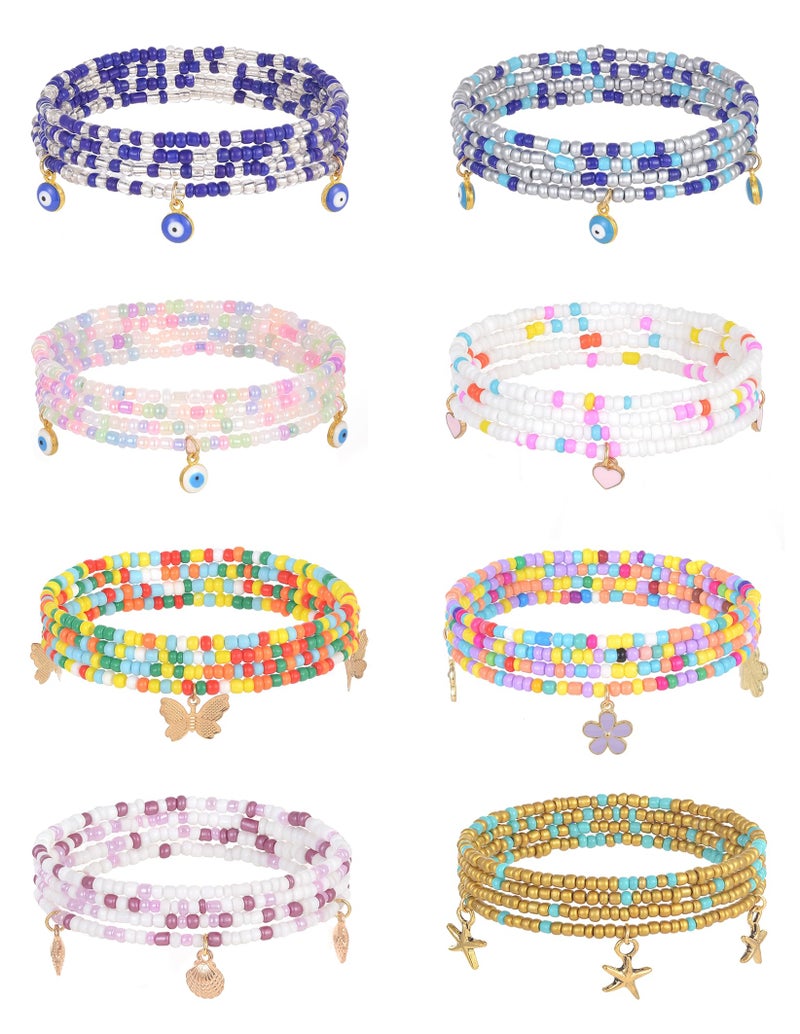 Tornito 8Pcs 31.5 Inches African Waist Bead Chain Elastic Belly Beads Butterfly Starfish Blue Evil Eye Flower Shell Layered Body Chain Colorful Jewelry Accessories for Women (E:8Pcs(Ocean)) - Image 1