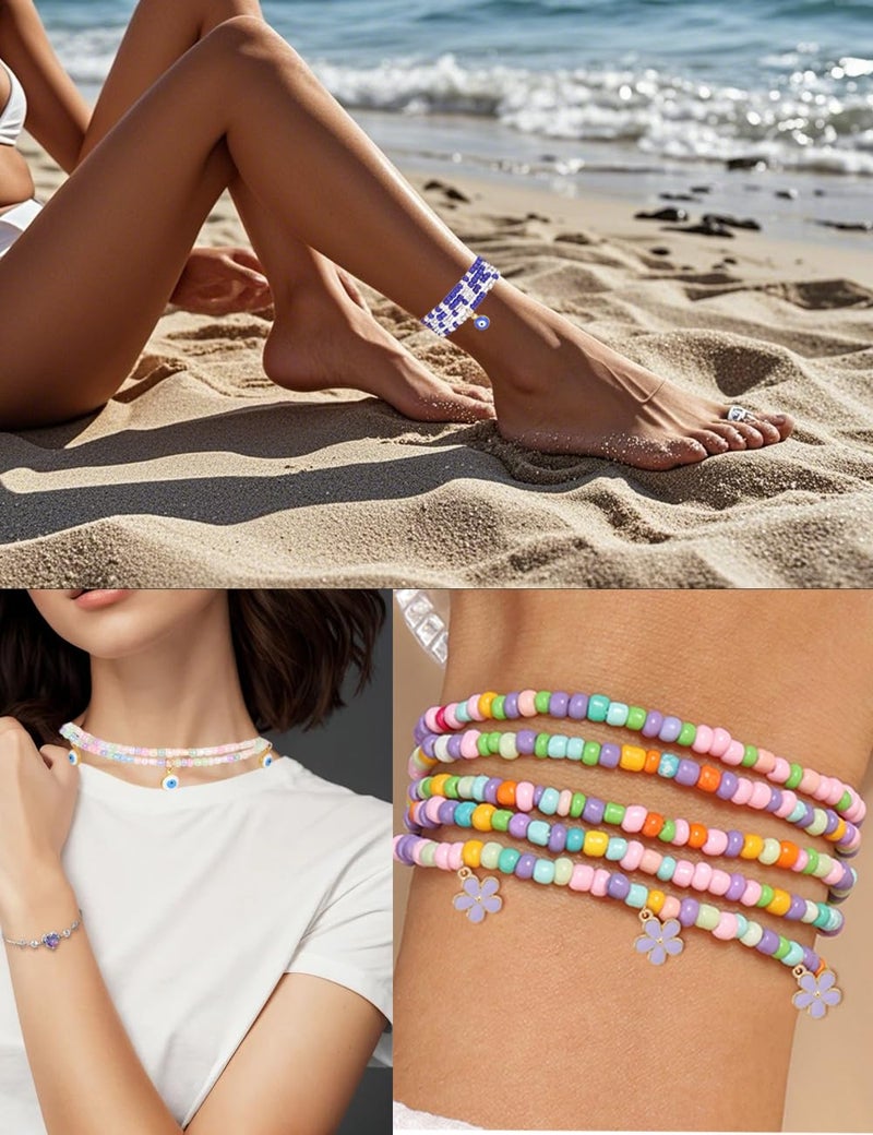 Tornito 8Pcs 31.5 Inches African Waist Bead Chain Elastic Belly Beads Butterfly Starfish Blue Evil Eye Flower Shell Layered Body Chain Colorful Jewelry Accessories for Women (E:8Pcs(Ocean)) - Image 5