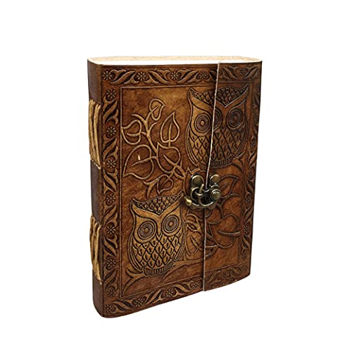 CREATIVE LEATHER ART Vintage Owl Embossed Leather Journal with Lock – Handmade Refillable Writing Notebook, Antique Diary Sketchbook, Blank Handmade Paper, Travel Journal for Men & Women (Vintage Brown, 7 x 5 Inch) - Image 1