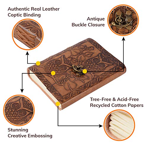 CREATIVE LEATHER ART Vintage Owl Embossed Leather Journal with Lock – Handmade Refillable Writing Notebook, Antique Diary Sketchbook, Blank Handmade Paper, Travel Journal for Men & Women (Vintage Brown, 7 x 5 Inch) - Image 5