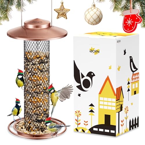 iBorn Peanut Bird FeederSunflower Seed Feeder135 Inch Metal Mesh Tube Bird Feeders for Outdoors HangingSquirrelProof Birdfeeders for Peanut with 17cm Weatherproof Roof Tray2 LB CapacityCopper - Image 1