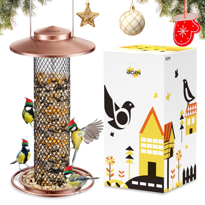 iBorn Peanut Bird FeederSunflower Seed Feeder135 Inch Metal Mesh Tube Bird Feeders for Outdoors HangingSquirrelProof Birdfeeders for Peanut with 17cm Weatherproof Roof Tray2 LB CapacityCopper - Image 2