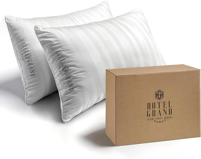 Hotel Grand Bed Pillows Standard Size Set of 2 Packs - 500 Thread Count 100% Cotton Medium Firm Hypoallergenic Feather Down Pillows Machine Washable Pillow for Back, Stomach or Side Sleepers, 20"x26" - Image 1